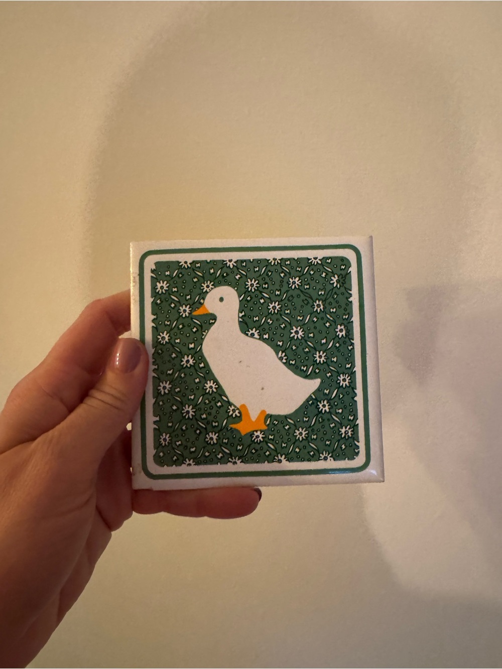 Vintage 1984 Duck Floral Trivet Coaster - Green & White Print